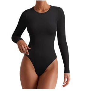 Elegant Black Long-Sleeve Bodysuit Thong Back BLACK Women Size Small